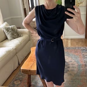 Halston heritage navy Rayon sheath dress with shoulder ruching S